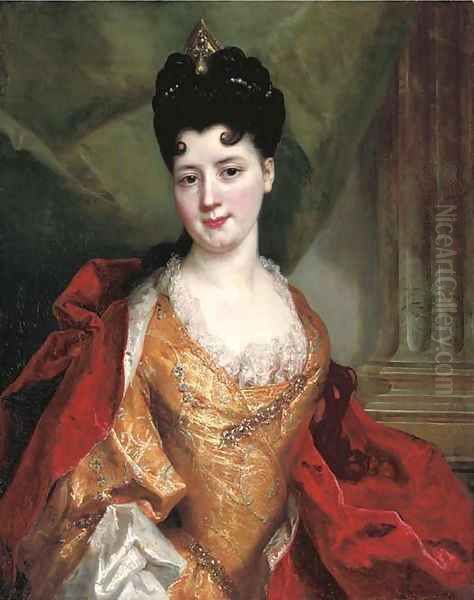 Portrait of a lady, said to be a member of the De Gagne de Perrigny family, bust-length, in a gold dress embroidered with silver thread - view 1