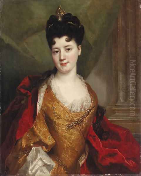 Portrait of a lady, said to be a member of the De Gagne de Perrigny family, three-quarter-length, in an embroidered gold dress with a red mantle - view 1