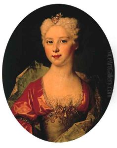 Portrait of Marie-Elisabeth Pommyer (born c.1712), half-length, in a red and grey dress and wrap by Nicolas de Largilliere
