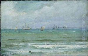 Coastal landscape with sailing ships, probably from Hornb&aelig;k by Carl Locher