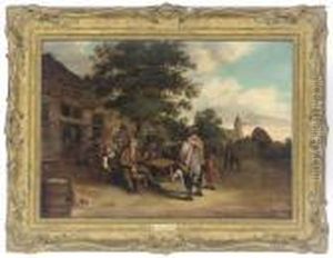 A Village Street With A Fiddler And A Hurdy-gurdy Player Before Aninn With Other Figures by Cornelis Dusart