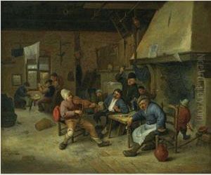 A Tavern Interior With A Fiddler And Peasants Smoking, Drinking Andplaying Cards by Cornelis Dusart