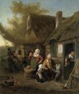 A Peasant Family Outside A Cottage
