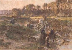 Washerwomen in sunlit river landscape by Leon Augustin Lhermitte