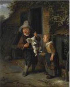 A Young Boy And Girl In Front Of A Cottage, Teasing A Cat by Cornelis Dusart