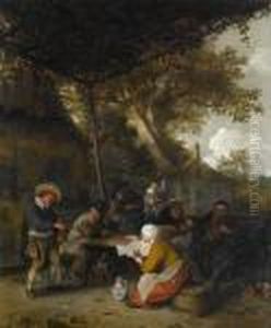 Peasants Seated At A Table Eating And Drinkingbefore A Tavern by Cornelis Dusart
