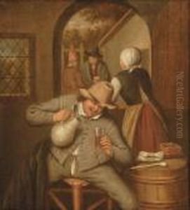 A Man Pouring Himself A Glass Of
Beer In An Interior, A Woman Conversing With Other Figures Through A
Half-opened Door Beyond by Cornelis Dusart