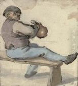 A Seated Drinker Holding An Earthenware Pot