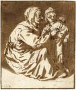 A Peasant Woman Seated On The Floor, Dressing A Young Boy by Cornelis Dusart