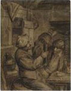 Peasants Drinking And Smoking In An Interior by Cornelis Dusart