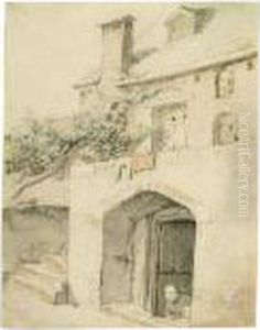 Study Of A Cottage, With A Peasant And Child Looking Out Of The Doorway by Cornelis Dusart