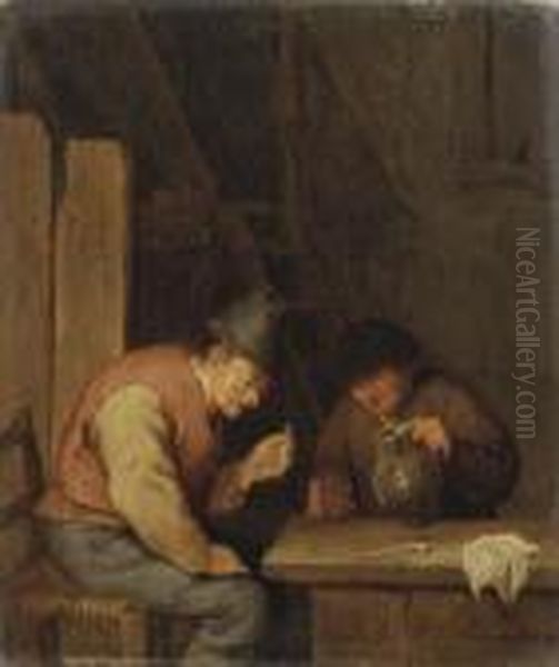 Two Peasants Smoking And Drinking In An Interior - view 1