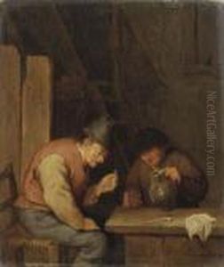 Two Peasants Smoking And Drinking In An Interior by Cornelis Dusart