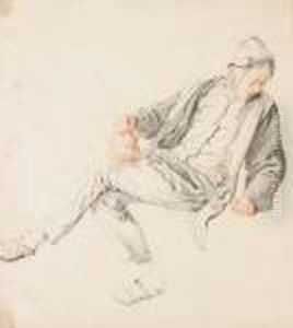 Un Paysan Assis Regardant En Bas A Droite, Tenant Un Pichet by Cornelis Dusart
