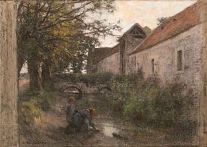 Laveuses, petit pont du Ru Chailly by Leon Augustin Lhermitte
