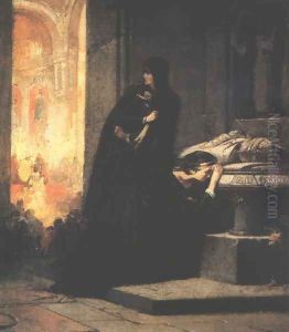 Queens Elisabeth and Mary at the Tomb of King Lajos the Great in 1385 sketch 1862 by Sandor Liezen-Mayer
