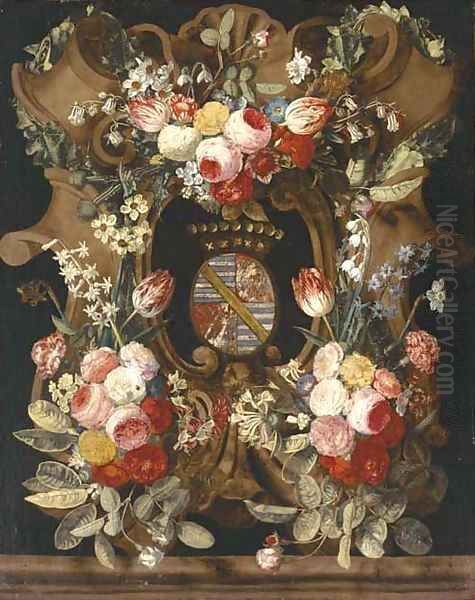 A garland of roses, carnations, snowdrops, honeysuckle, morning glory and other flowers around a stone cartouche with a coat-of-arms - view 1