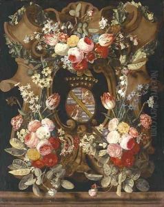 A garland of roses, carnations, snowdrops, honeysuckle, morning glory and other flowers around a stone cartouche with a coat-of-arms by Frans Luyckx