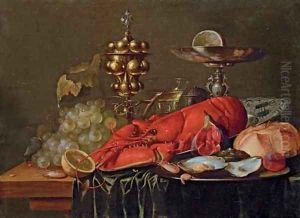 A lobster on a blue and white porcelain platter, oysters, a shrimp, a plum and a fig on a pewter plate, a bread roll, a pewter tazza, a gold stand and by Frans Luyckx