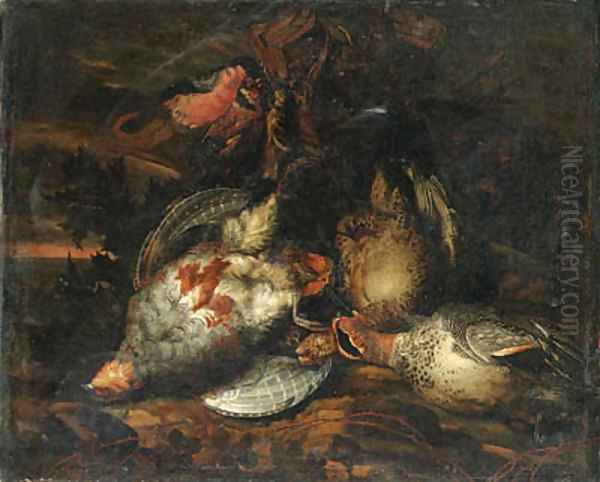 Partridge, a brace of teal, a bullfinch, a goldfinch, a bluetit and other dead birds in a landscape - view 1