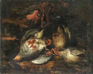 Partridge, a brace of teal, a bullfinch, a goldfinch, a bluetit and other dead birds in a landscape