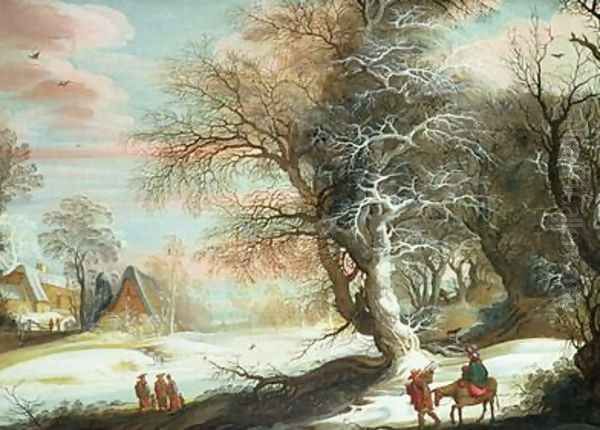 Wooded winter landscape with Flight into Egypt - view 1