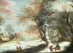 Wooded winter landscape with Flight into Egypt by Gijsbrecht Leytens