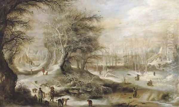 A winter landscape with hunters on a forest track and children playing on a frozen river, villages beyond - view 1