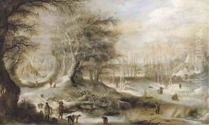 A winter landscape with hunters on a forest track and children playing on a frozen river, villages beyond by Gijsbrecht Leytens