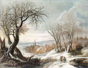 A winter landscape with peasants, a village beyond by Gijsbrecht Leytens