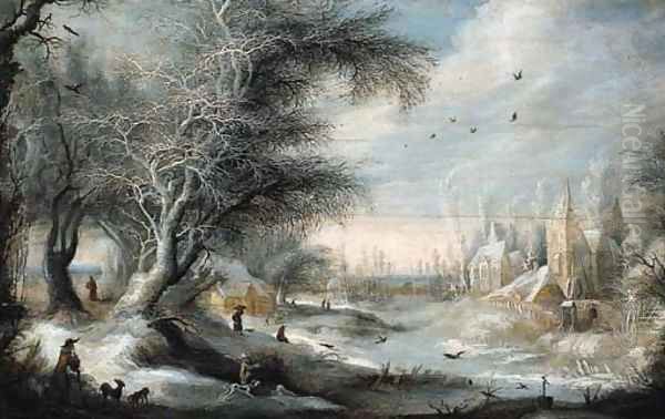 A winter landscape with sportsmen on a forest track near a village, peasants nearby - view 1