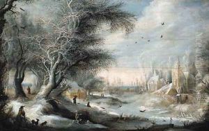 A winter landscape with sportsmen on a forest track near a village, peasants nearby