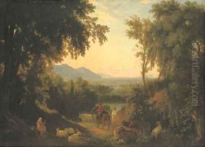 An Italianate landscape, with peasants and livestock in the foreground by William Linton