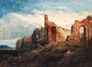 Figures resting by Ruins, possibly in the Campagna by William Linton