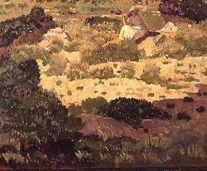 Girl Seated on a sandy Bank by Derwent Lees