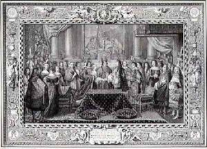 Marriage Ceremony of Louis XIV 1638-1715 King of France and Navarre and the Infanta Maria Theresa of Austria 1638-83 daughter of Philip IV King of Spain in 1660 by Charles Le Brun