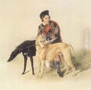 A Ghillie and two Deerhounds A Ghillie and two Deerhounds
