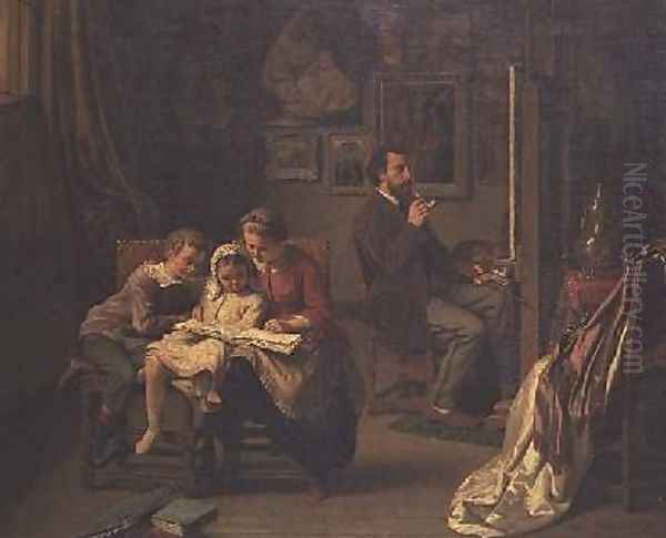 The artist with his children in his studio - view 1