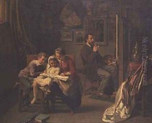 The artist with his children in his studio by Basile De Loose