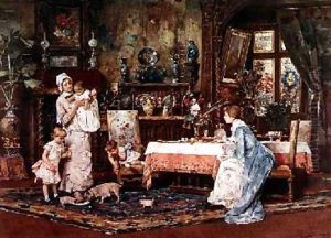 Mother and child in an elegant interior by Tito-Giovanni Lessi