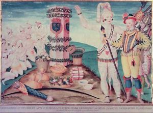 Rene Goulaine de Laudonniere 1529-82 and Chief Athore in front of Ribaults Column by Jacques le Moyne de Morgues