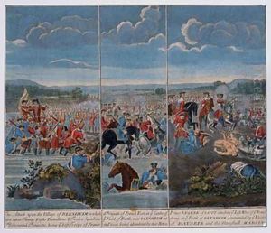Three panels depicting the Battle of Blenheim Three panels depicting the Battle of Blenheim