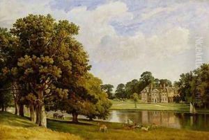 Deer grazing by the lake by Frederick Richard Lee, R.A.