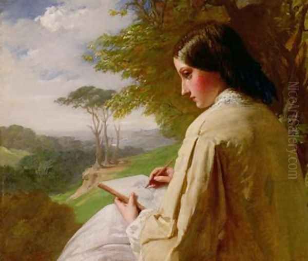 Young Lady sketching in a landscape - view 1