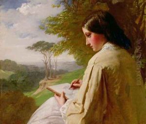Young Lady sketching in a landscape by Henry Le Jeune