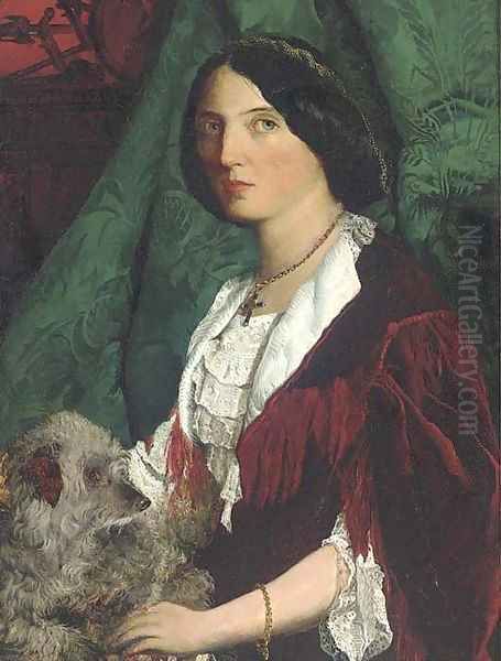 Portrait of a lady, half-length, in a red velvet dress with lace trim and white collar, holding a dog, a green curtain beyond - view 1