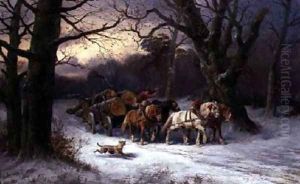 Horses Pulling a Log Cart in a Winter Landscape by Alexis de Leeuw