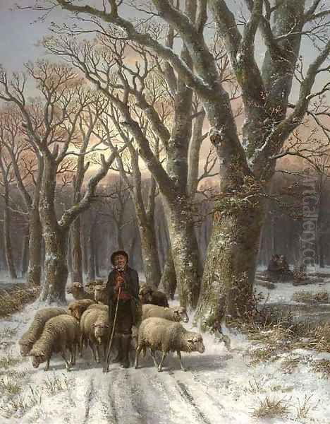 A frosty forest with a shepherd and his flock - view 1