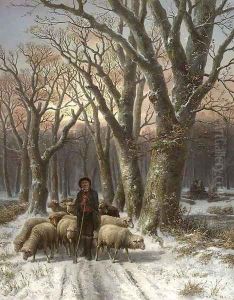 A frosty forest with a shepherd and his flock by Alexis de Leeuw
