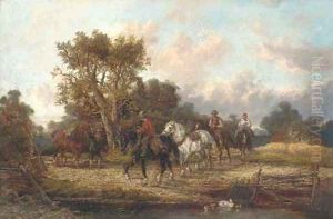 Horsemen by a stream by Alexis de Leeuw